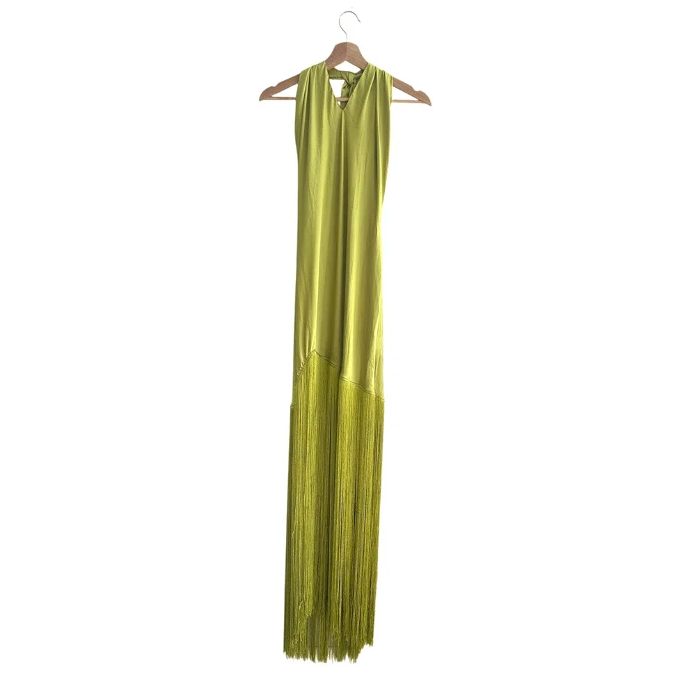 Show Me Your Mumu Jasmine Fringe Maxi in Chartreuse Luxe Satin L NWT - Picture 3 of 9